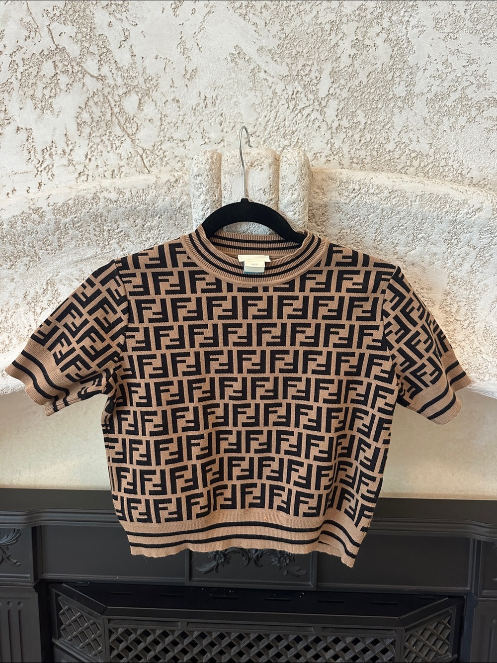 Fendi Beige and Black FF Logo Short Sleeve Knit Top